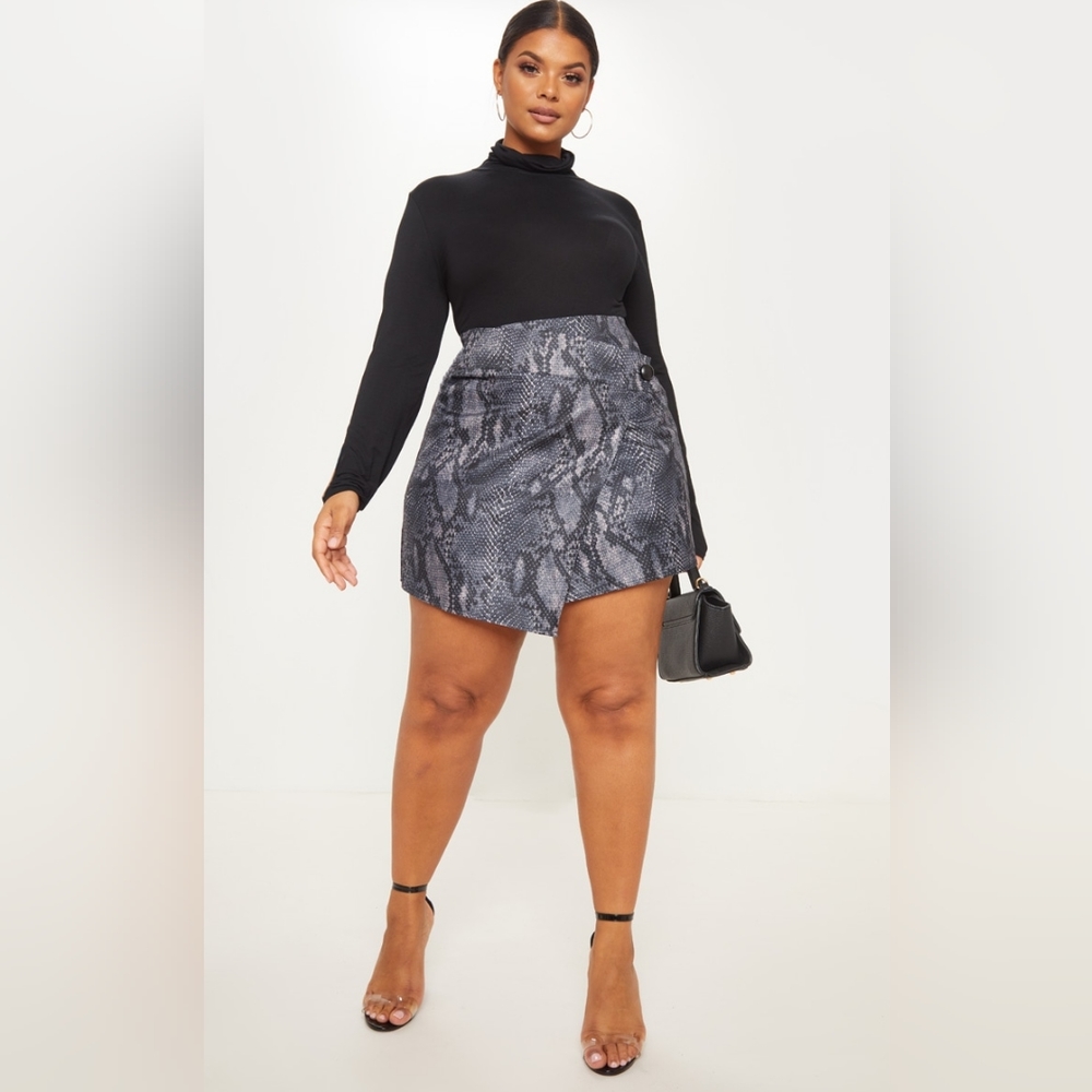 Prettylittlething Grey Snake Print Button Detail Wrap Mini Skirt